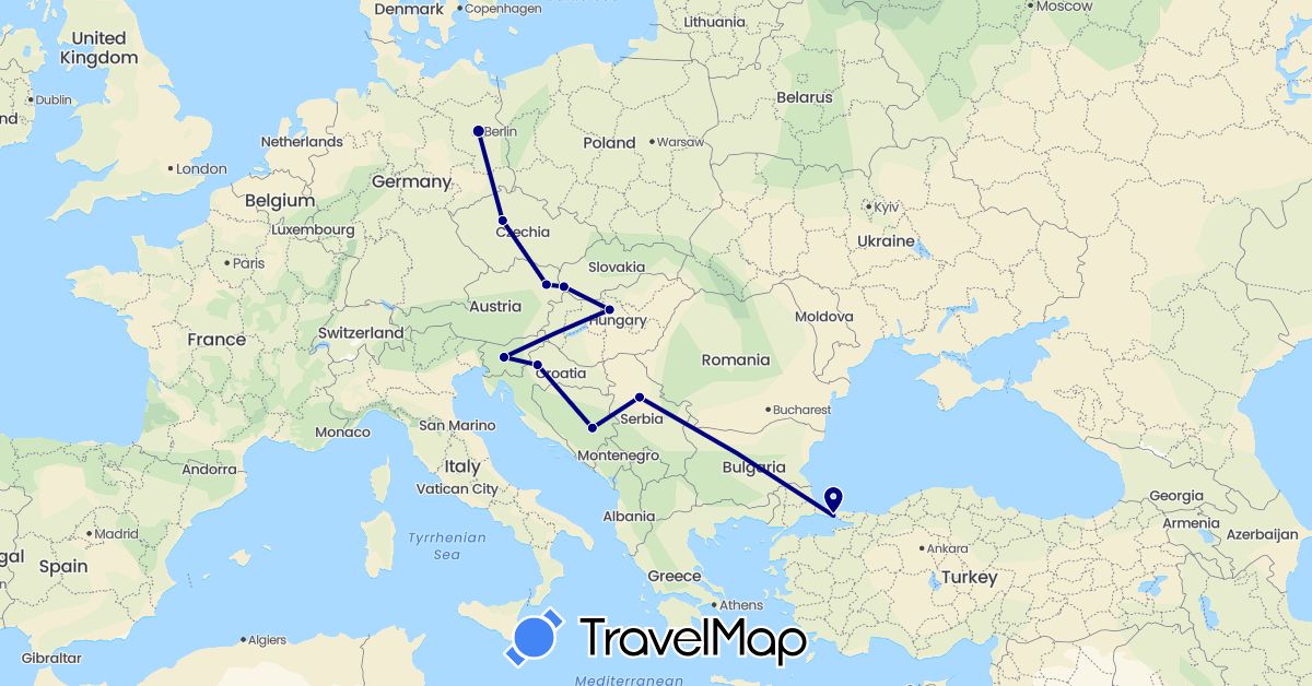 TravelMap itinerary: driving in Austria, Bosnia and Herzegovina, Czech Republic, Germany, Croatia, Hungary, Serbia, Slovenia, Slovakia, Turkey (Asia, Europe)